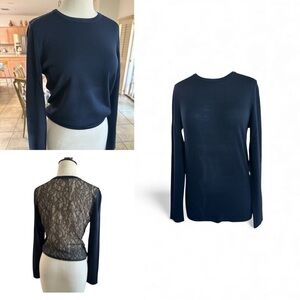 EQUIPMENT Navy Blue Wool Sweater XS/TP‎ Silk Back Mesh Embroidered Panel EUC